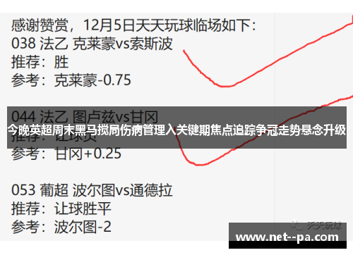 今晚英超周末黑马搅局伤病管理入关键期焦点追踪争冠走势悬念升级