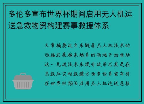 多伦多宣布世界杯期间启用无人机运送急救物资构建赛事救援体系