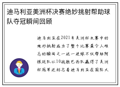 迪马利亚美洲杯决赛绝妙挑射帮助球队夺冠瞬间回顾